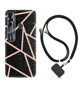 Tecno Spark 6 6 Go 8C 8 Pro 7 7 Pro Kılıf Boyun Askılı Silikon Pembe Şeritli Mermer 1312