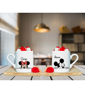 Minnie Mouse & Mickey Mouse Çift Tasarımlı Ahşap Tabaklı Kişiye Özel Türk Kahvesi Fincanı Seti