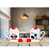 Minnie Mouse & Mickey Mouse Çift Tasarımlı Ahşap Tabaklı Kişiye Özel Türk Kahvesi Fincanı Seti