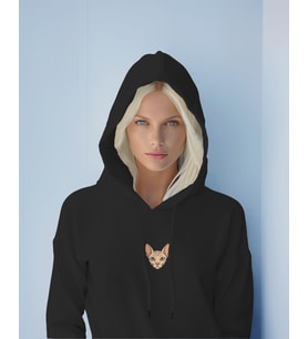 Sphynx Kedili Hoodie Unisex %100 Pamuk  Siyah Kapüşonlu Sweatshirt Göğüs Ortası Minimal Logo