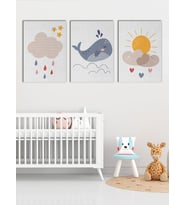 Çocuk Odası ve Kreşler İçin Kanvas Tablo Seti 3 Adet x 40x55cm Güneş Bulut Balina (Karışık)