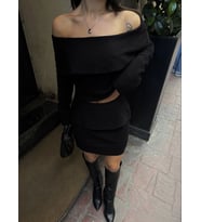 Kadın Straplez , Madonna , Carmen Yaka Croplu Mini Etekli ikili Alt-Üst Takım Triko - Siyah