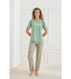 Kadın Şal Desenli Bisiklet Yaka Pijama Takım  Mint 30102-964