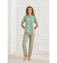 Kadın Şal Desenli Bisiklet Yaka Pijama Takım  Mint 30102-964
