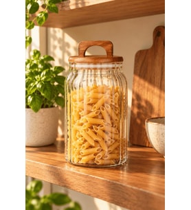 Atbyhome Akasya Kapaklı Çizgili Borosilikat Cam Kavanoz 1600 ml - Vakumlu Büyük Boy Erzak Bakliyat Saklama Kabı