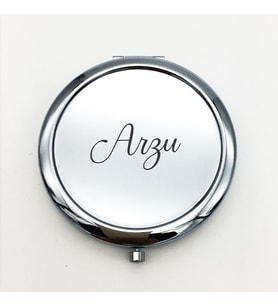 Kişiye Özel İsim Baskılı Daire Metal Ayna Çanta, Cep ve Makyaj Aynası (Gümüş)
