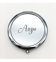 Kişiye Özel İsim Baskılı Daire Metal Ayna Çanta, Cep ve Makyaj Aynası (Gümüş)