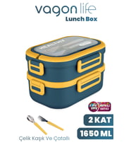 1650 ML İki Kat Üç Bölme Paslanmaz Çelik Lunch Box Yeni Nesil Sefer Tası - Kaşık Ve Çatallı -6715 (Lacivert)