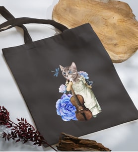 BK Gift Kedi Tasarımlı Antrasit Kumaş Bez Çanta, Baskılı Omuz Çantası, Alışveriş Çantası, Anneye Hediye-3
