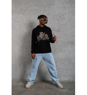 Erkek 3 İplik Pamuklu Kapüşonlu Baskılı Cepli Oversize Sweatshirt Hoodie - Siyah