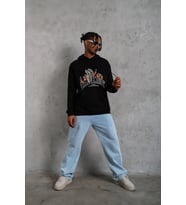 Erkek 3 İplik Pamuklu Kapüşonlu Baskılı Cepli Oversize Sweatshirt Hoodie - Siyah