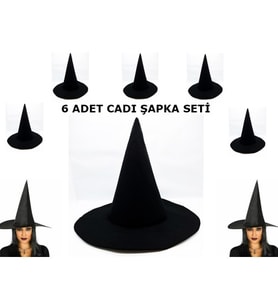 Siyah Cadı Şapkası Keçe Yetişkin Boy 6 Adet (Çok Renkli)