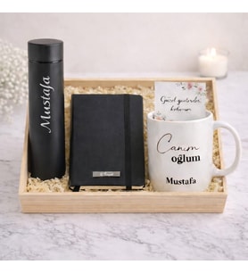 Kişiye Özel Erkek Hediye Seti İsim Yazılı Dereceli Termos, Defter Ve Kupa Bardak