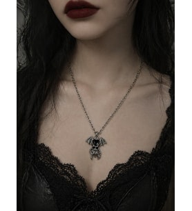 Gotik Kalp Kuru Kafa Kanatlı Kolye Gümüş Renk Zincir Unisex