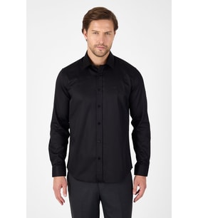 Siyah Sert Yaka Uzun Kol Cepsiz Slim Fit %100 Pamuk Gömlek 1004260324