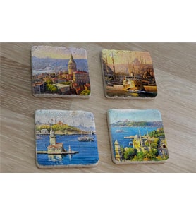 Galata Eminönü Kız Kulesi ve Ortaköy Doğal Taş Bardak Altlığı 4'lü set - Natural Stone Coasters