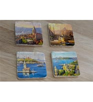 Galata Eminönü Kız Kulesi ve Ortaköy Doğal Taş Bardak Altlığı 4'lü set - Natural Stone Coasters