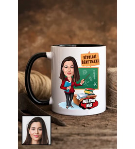Kadın Biyoloji Öğretmenine Hediye Karikatürlü Siyah Kupa Bardak