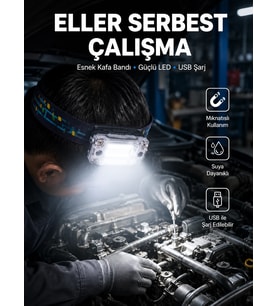 Beyaz Led Işık Sensörlü Kafa Lambası Lityum Batarya Led El Fenerli Şarjlı