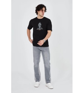 Erkek Baskılı T-Shirt Kısa Kol Bisiklet Yaka Regular Fit Rahat Kalıp Günlük Tişört - Siyah