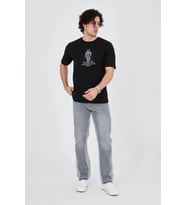 Erkek Baskılı T-Shirt Kısa Kol Bisiklet Yaka Regular Fit Rahat Kalıp Günlük Tişört - Siyah