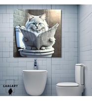 Tekli Kare Kanvas Banyo Tablosu Gazete Okuyan Beyaz Chinchilla Kedi