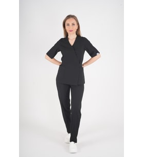Siyah Elegant Model Cerrahi Üniforma Belden Bağlamalı Scrubs Takım