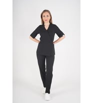 Siyah Elegant Model Cerrahi Üniforma Belden Bağlamalı Scrubs Takım