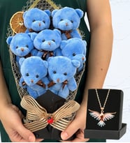 Büyük Boy 7'li Peluş Ayıcık Buketi ve Renkli Zümrüdü Anka Kuşu Kolyesi (Model 5)