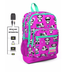 Coral High Kids Dört Gözlü Kız Çocuk İlkokul Çantası - Panda Desenli - USB+AUX Soketli