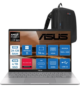 Asus Vivobook S14 M3407KA Ryzen™ Aı 7 350 24GB Ddr5 4tb SSD Amd Radeon™ Graphics 14.0-Inch, Wuxga (1920 x 1200) OLED 0.2ms 300NITS WIN11PRO Taşınabilir Bilgisayar WSF075P10+ZETTAÇANTA