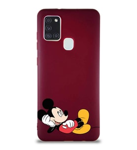 Samsung Galaxy A21S Soft Premier Kapak Mickey Mouse-F Tasarımlı Silikon Kılıf - Mürdüm (Şeffaf)