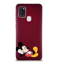 Samsung Galaxy A21S Soft Premier Kapak Mickey Mouse-F Tasarımlı Silikon Kılıf - Mürdüm (Şeffaf)