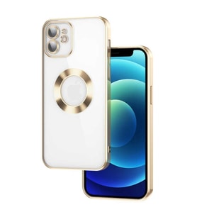Apple iPhone 12 Kılıf Köşeleri Renkli Şeffaf Kamera Korumalı Silikon Luxury Kapak (Gold)