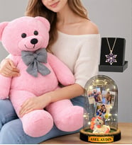 Muhteşem Set Pembe Peluş Ayıcık Kişiye Özel Led Işıklı Fanus ve Gerçek Ametist Taşlı Lotus Kolye (Model 5)