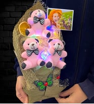 Renkli Led Işıklı Kişiye Özel Fotoğraflı Pembe Ayıcıklı Peluş Ayıcık Buketi (Model 1)