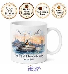 Boğaz Vapuru Temalı İstanbul Kupası Baskılı Porselen Kupa Bardak Hediye