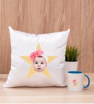 Kişiye Özel Pembe Yıldız Kafa Fotoğraflı Kare Yastık ve Mavi Kupa