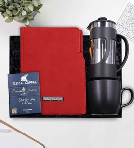 Kişiye Özel Termo Deri 2026 Yeni Yıl Tarihli Ajanda & Siyah French Press & Siyah Kupa & Alerya Premium Filtre Kahve Hediye Seti