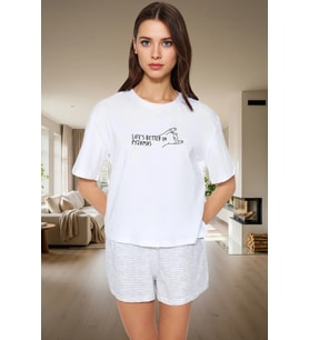 Rahat Yazlık Pijama Takımı Pamuklu Çizgili Kısa Kol Regular Kalıp Mükemmel Uyum (Beyaz)