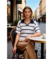 Kadın Bluz Triko Polo Yaka Kısa Kol Çizgili Crop Boy Regular Kalıp Standart Dokuma Tek Plaka
