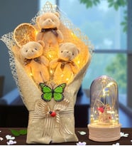 Led Işıklı Büyük Boy Peluş Ayıcık Buketi ve Led Işıklı Biblolu Fanus Hediye Seti (Model 1)