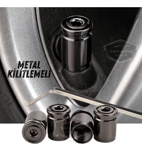 Kilitlemeli Sibop Kapağı Alyanlı Sibop Kapağı Araba Motosiklet Bisiklet Metal Sıkmalı Siyah 4 lü Set