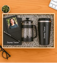 Kişiye Özel Fotoğraflı Çerçeve,Defter,Kalem,French Press Ve Termos Hediye Seti (Siyah)