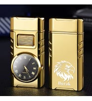 Kişiye Özel İsimli Kartal Baskılı Metal Rüzgar Geçirmez Saatli Gazlı Tasarım Çakmak (Gold)