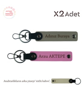 Kardeşe 14 Şubat Hediyesi, İsim & Soyisim Yazılı 2’li Anahtarlık Seti, Kül Gri-Pembe-Sütlü Kahve