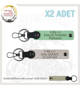 Motorcu Tarzına, İsim Plaka ve 0 Rh (+) Kan Grubu Yazılı Hediyelik x2 Anahtarlık Set, Yeşil-Pudra-SK (Çok Renkli)