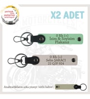 Motorcu Tarzına, İsim Plaka ve 0 Rh (+) Kan Grubu Yazılı Hediyelik x2 Anahtarlık Set, Yeşil-Pudra-SK (Çok Renkli)