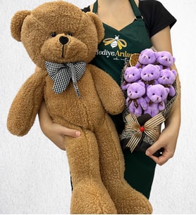 Özel Tasarım 7'li Peluş Ayıcık Buketi ve Büyük Boy Kahverengi Peluş Ayıcık (Model 3)
