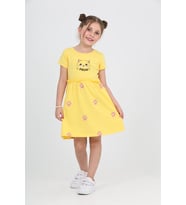 Toontoy Kız Çocuk Kedi Baskılı Elbise (Koyu Sarı)